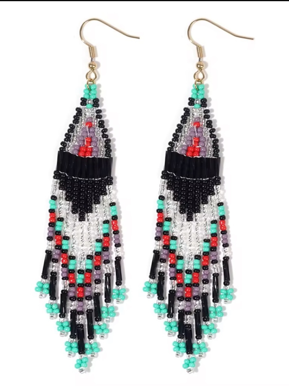 Handmade Black & Turquoise Beaded Fringe Earrings